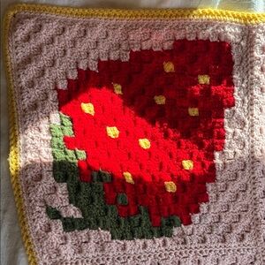 Strawberry Crochet Blanket Childs Crib Size Like New Vibrant Red on Pink Blanket